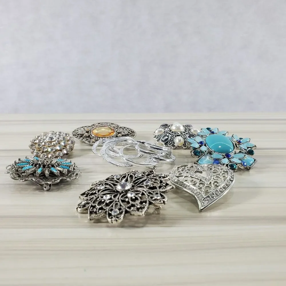 8 Brooch Lot Silver Tone Sarah Coventry Faux Pearl Rhinestone Pins Turquoise
